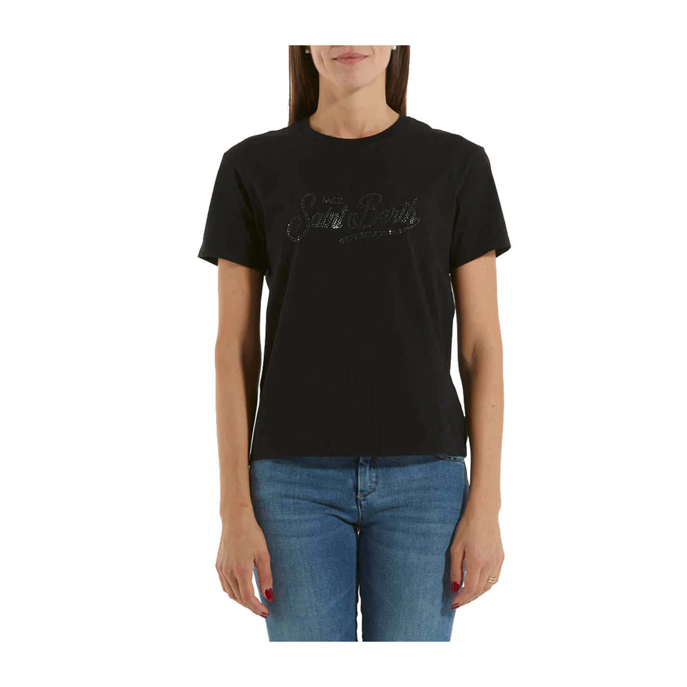 T-shirt Donna Nera con maniche corte e logo strass