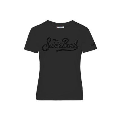 T-shirt Donna Nera con maniche corte e logo strass