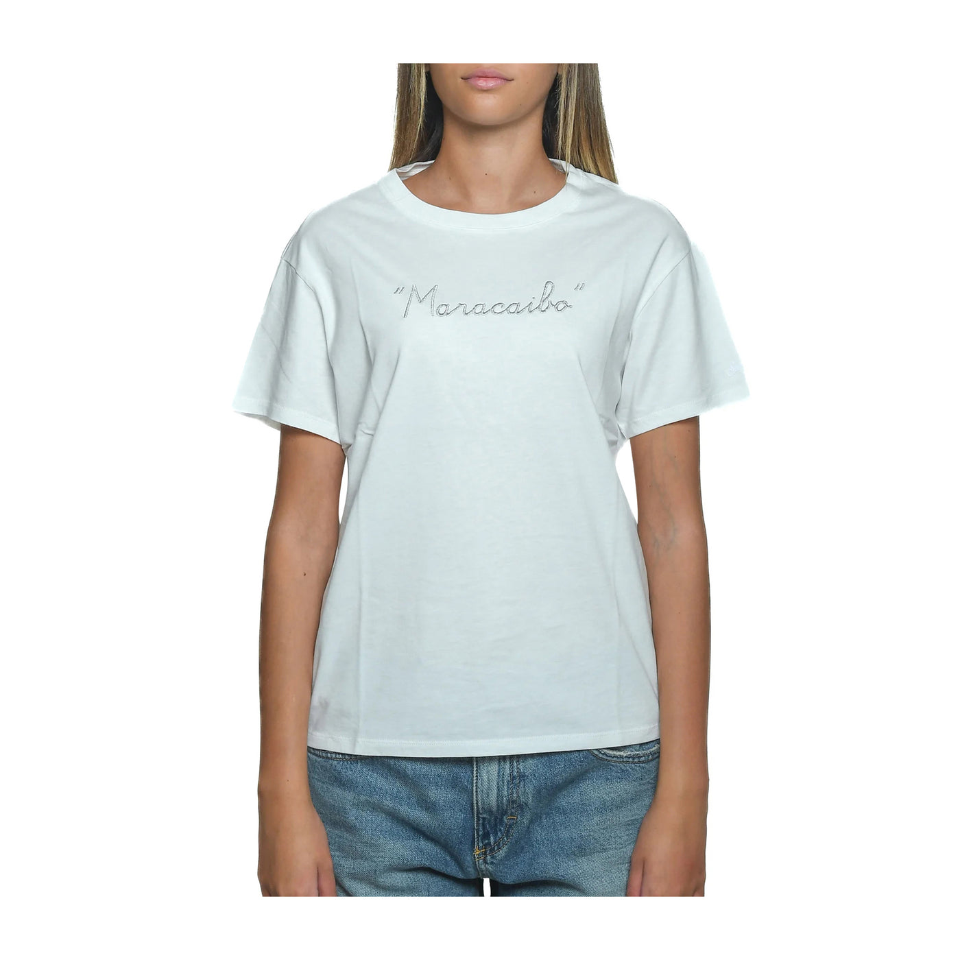 T-shirt Donna Bianca, in cotone girocollo con ricamo "Maracaibo"