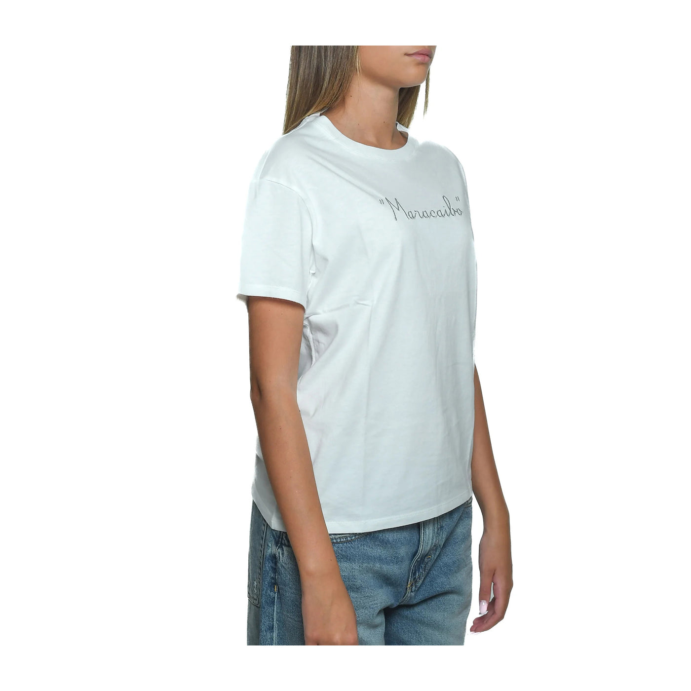 T-shirt Donna Bianca, in cotone girocollo con ricamo "Maracaibo"