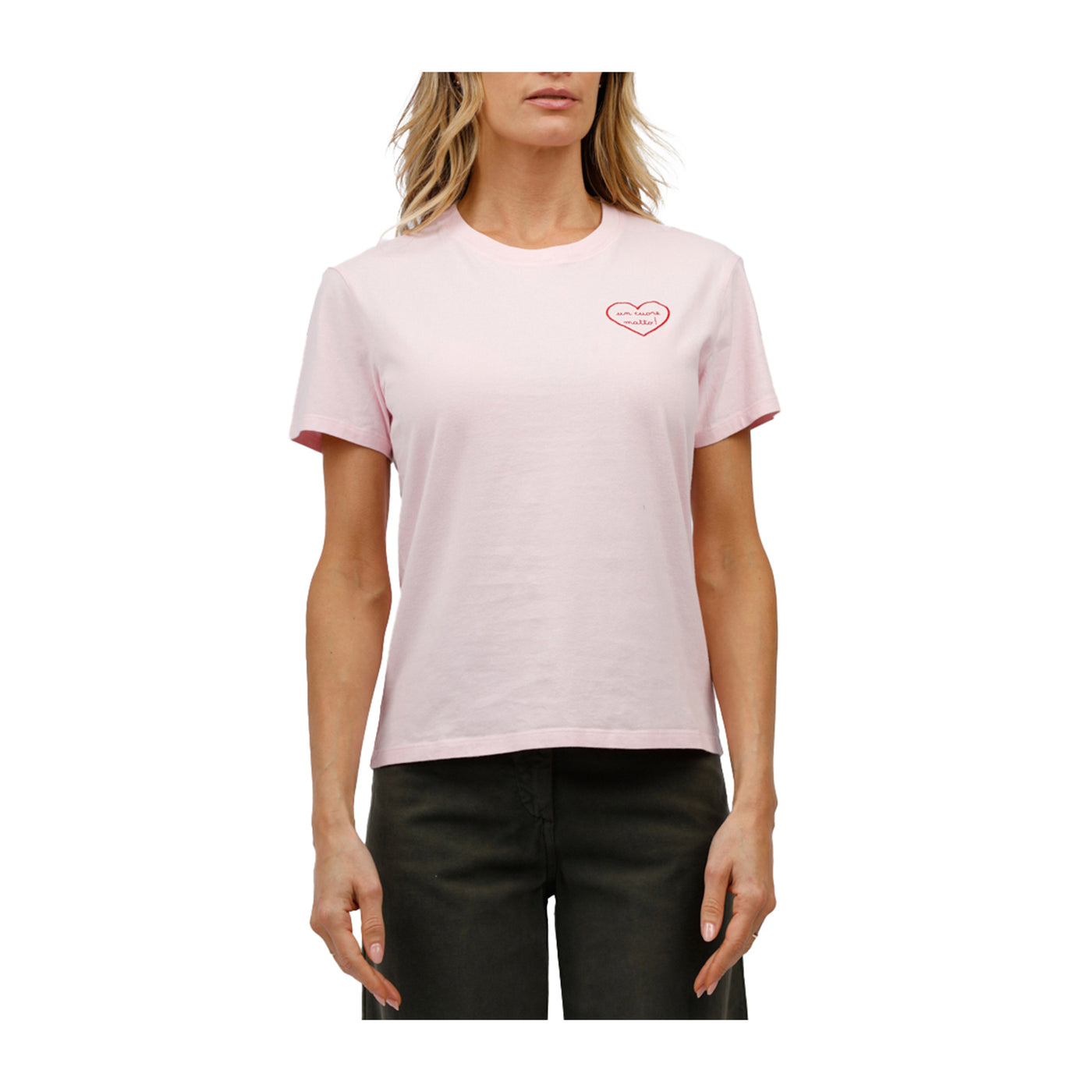 T-shirt Donna Rosa, a girocollo, con ricamo a contrasto