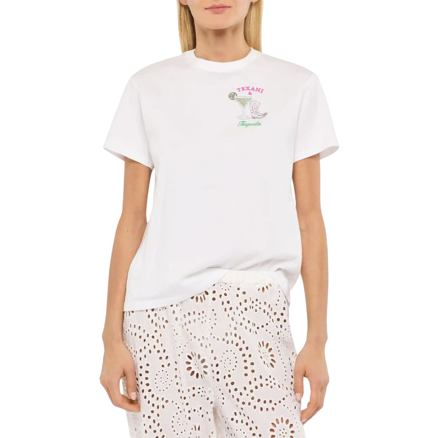 T-shirt Donna Emilie Bianca con ricamo e strass modella frontale