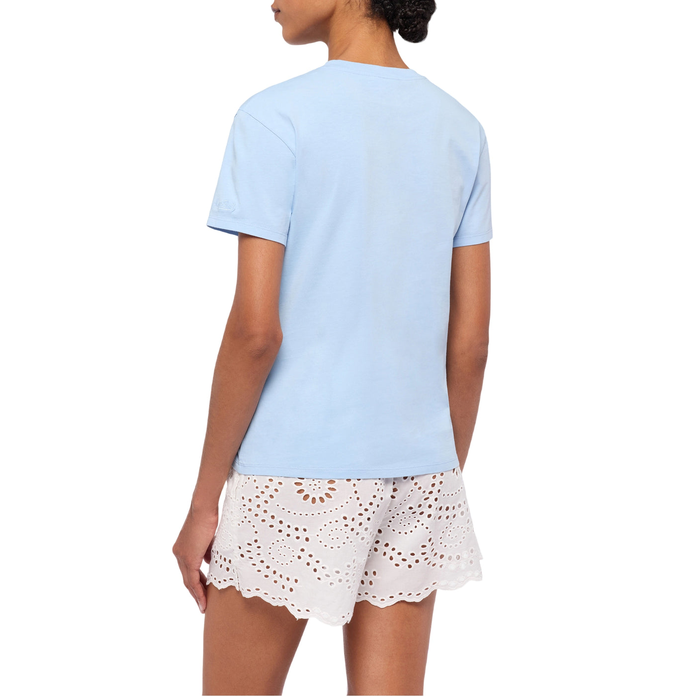 T-shirt Emilie Celeste da donna con ricamo spritz modella retro