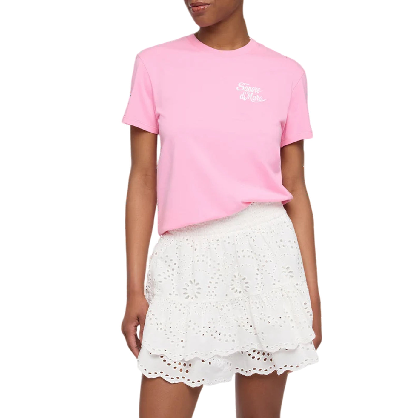 T-shirt Emilie Rosa donna con stampa "Sapore di mare" modella