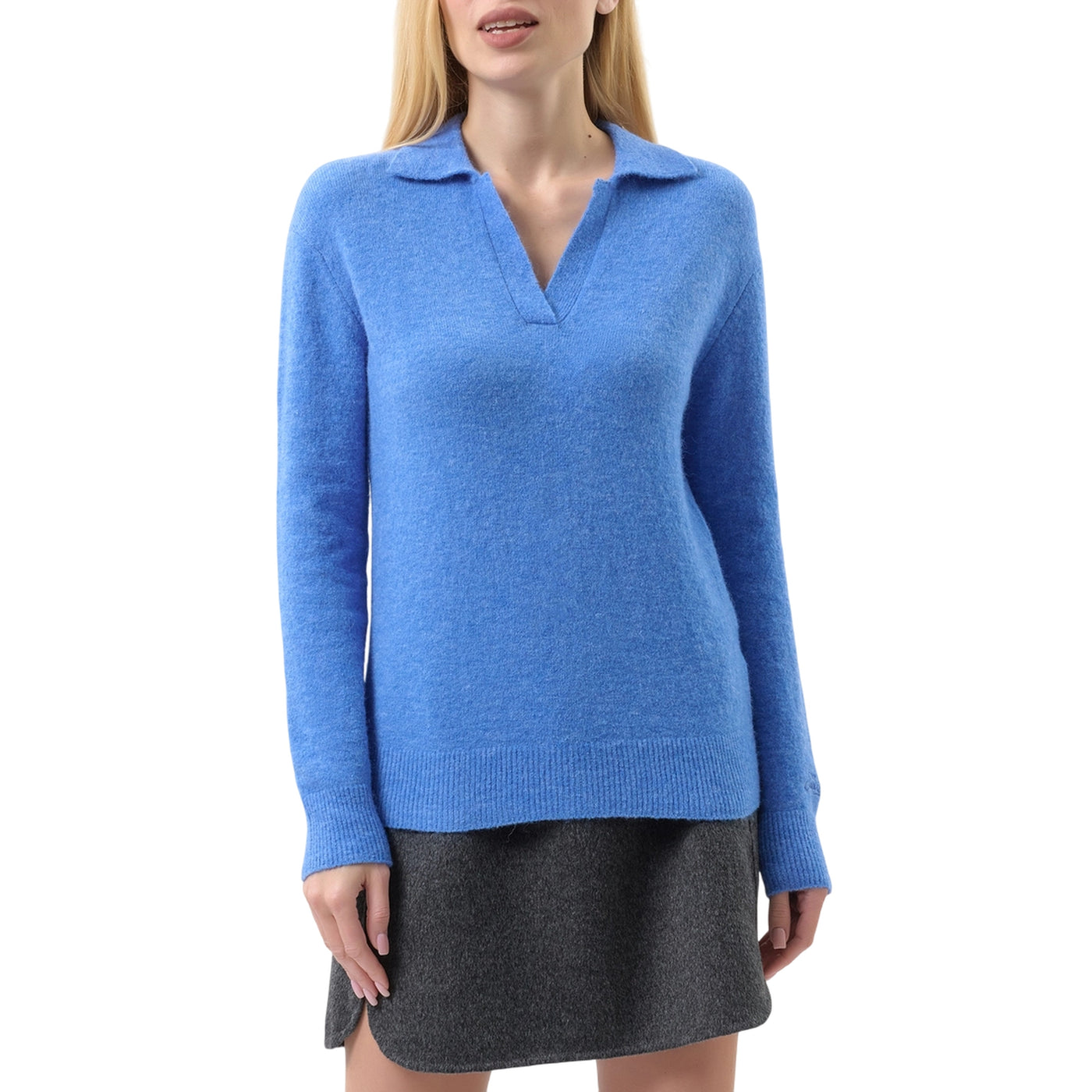 Polo Donna Eze, in misto lana con scollo a V e colletto a camicia