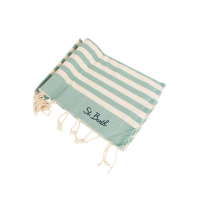 Telo mare in cotone a righe verde/beige