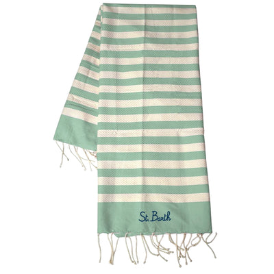 Telo mare in cotone a righe verde/beige