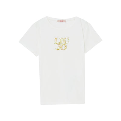 T-shirt Bambina Bianca con logo e strass 