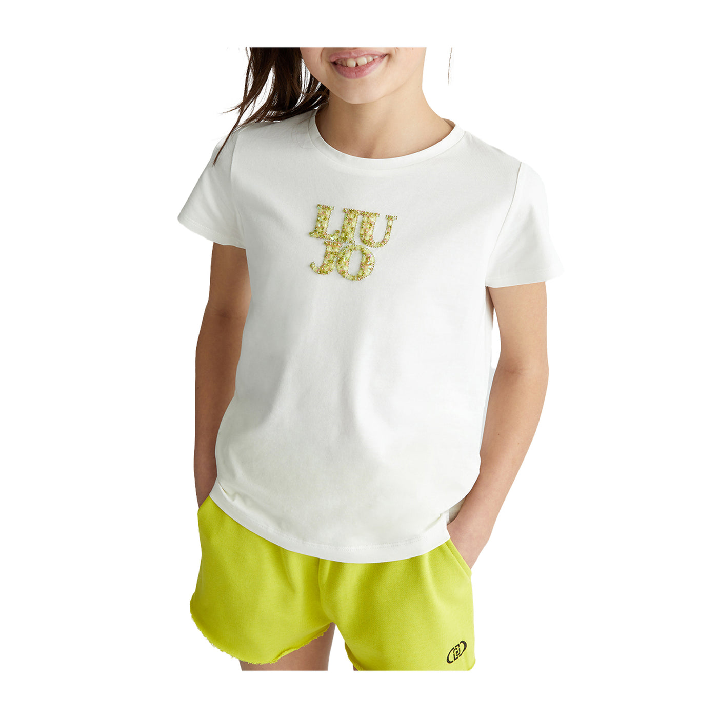 T-shirt Bambina Bianca con logo e strass  modella frontale