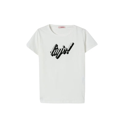 T-shirt Bambina Bianca con logo nero e strass