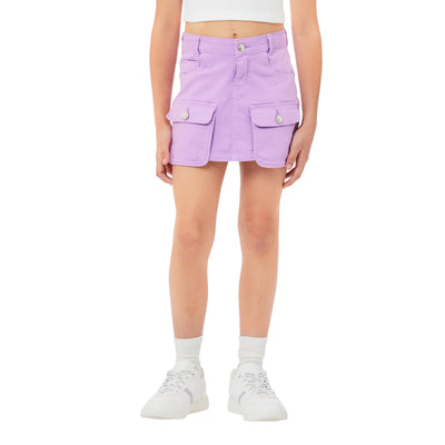 Gonna Bambina con tasche applicate viola modella frontale