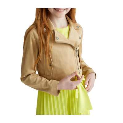 Giacca biker Bambina in tessuto spalmato Beige modella frontale