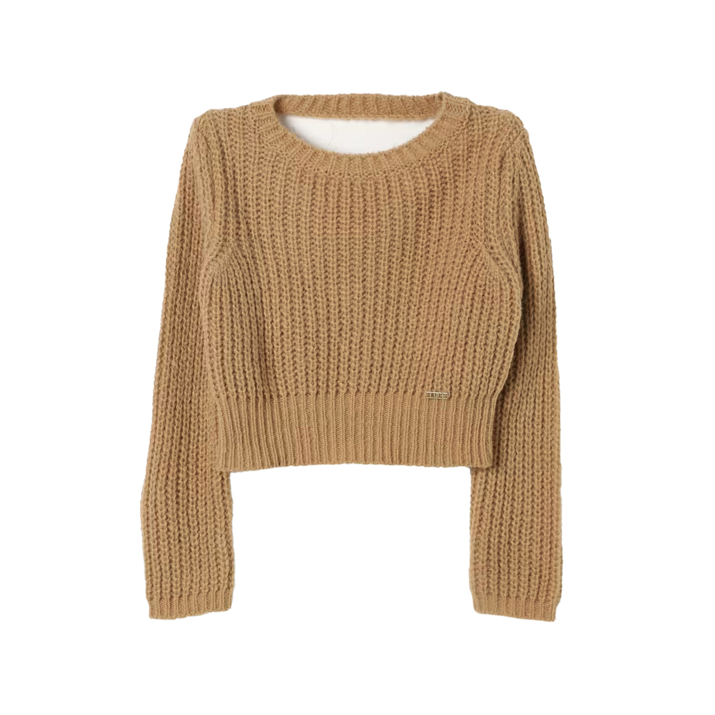 Maglia Bambina Beige con scollatura frontale girocollo, lavorata a costine