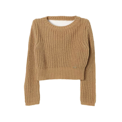 Maglia Bambina Beige con scollatura frontale girocollo, lavorata a costine