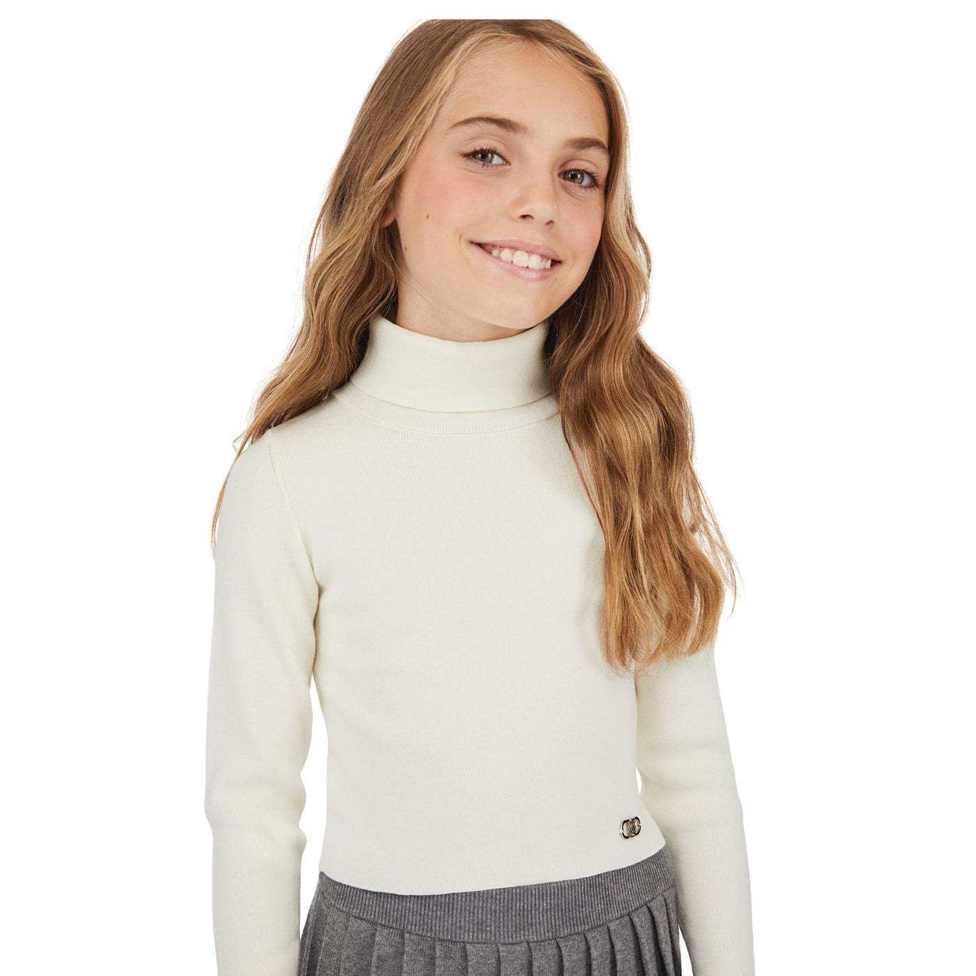 Completo Bambina con maglione e gonna plissé modella frontale ravvicinata