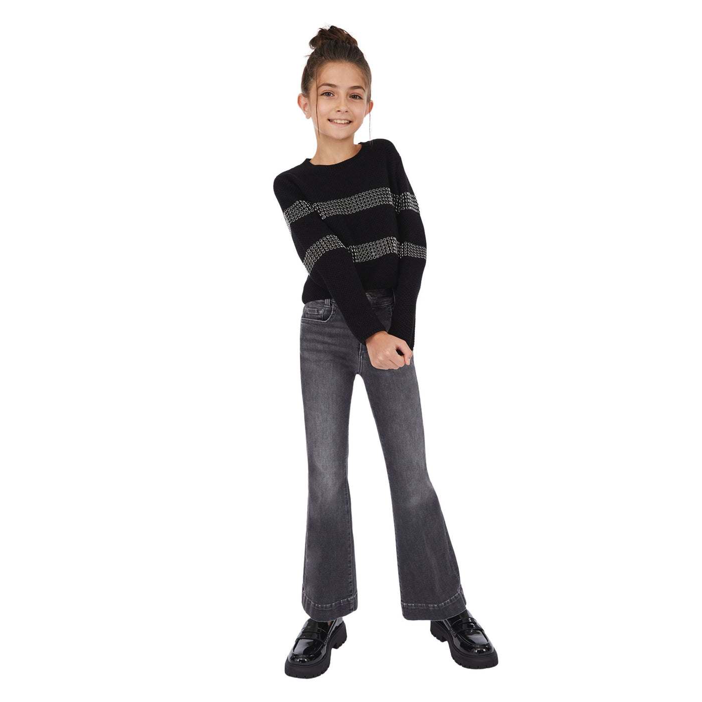 Maglia Bambina con motivo a righe con strass modella frontale