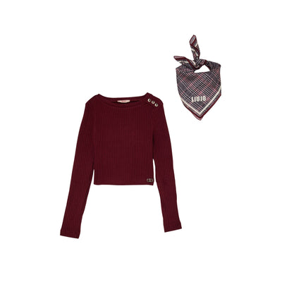 Maglia Bambina a coste bordeaux con foulard