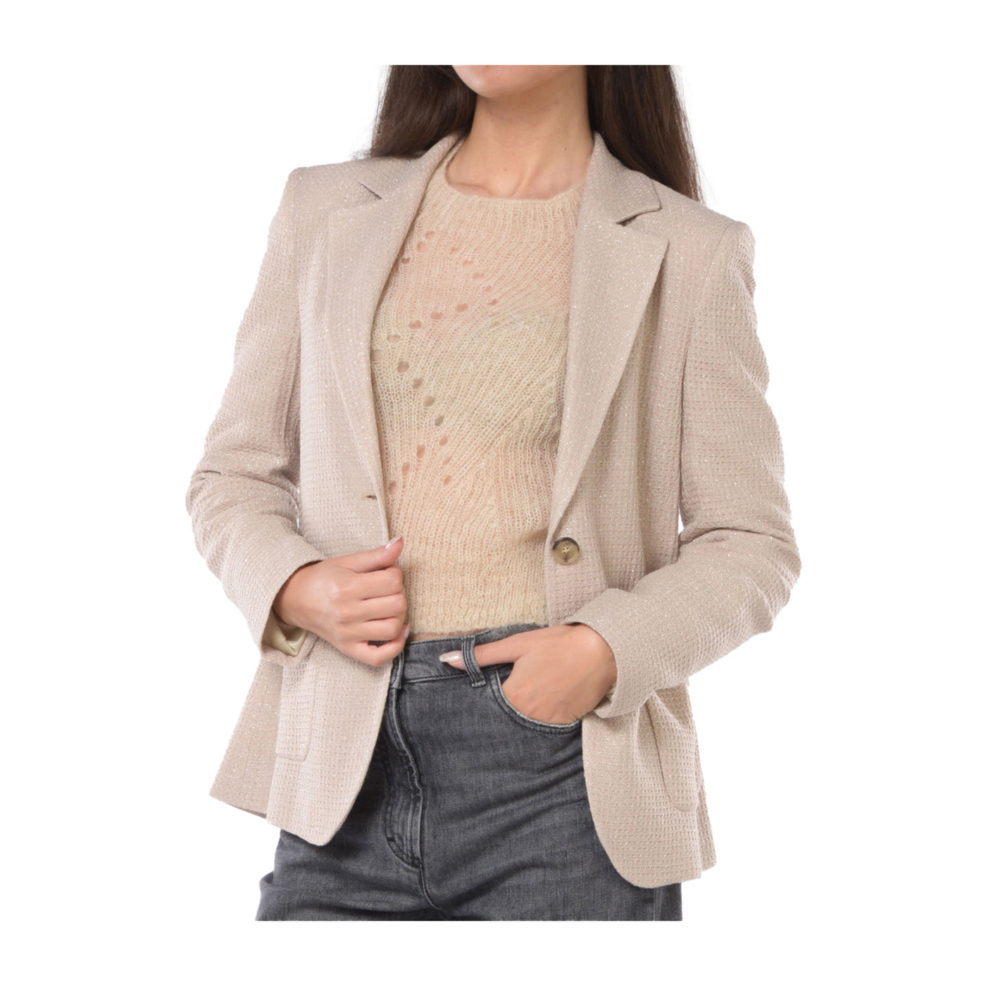 Giacca monopetto Donna a nido d'ape Beige aperta