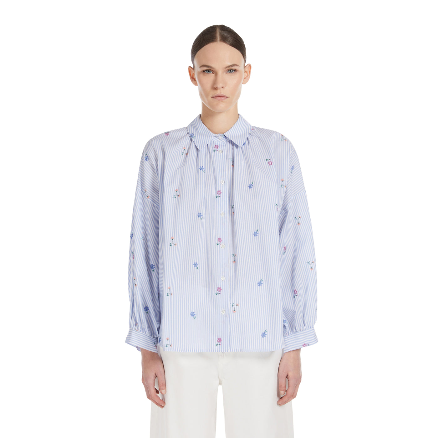 Camicia Donna a righe con fiori all over modella frontale