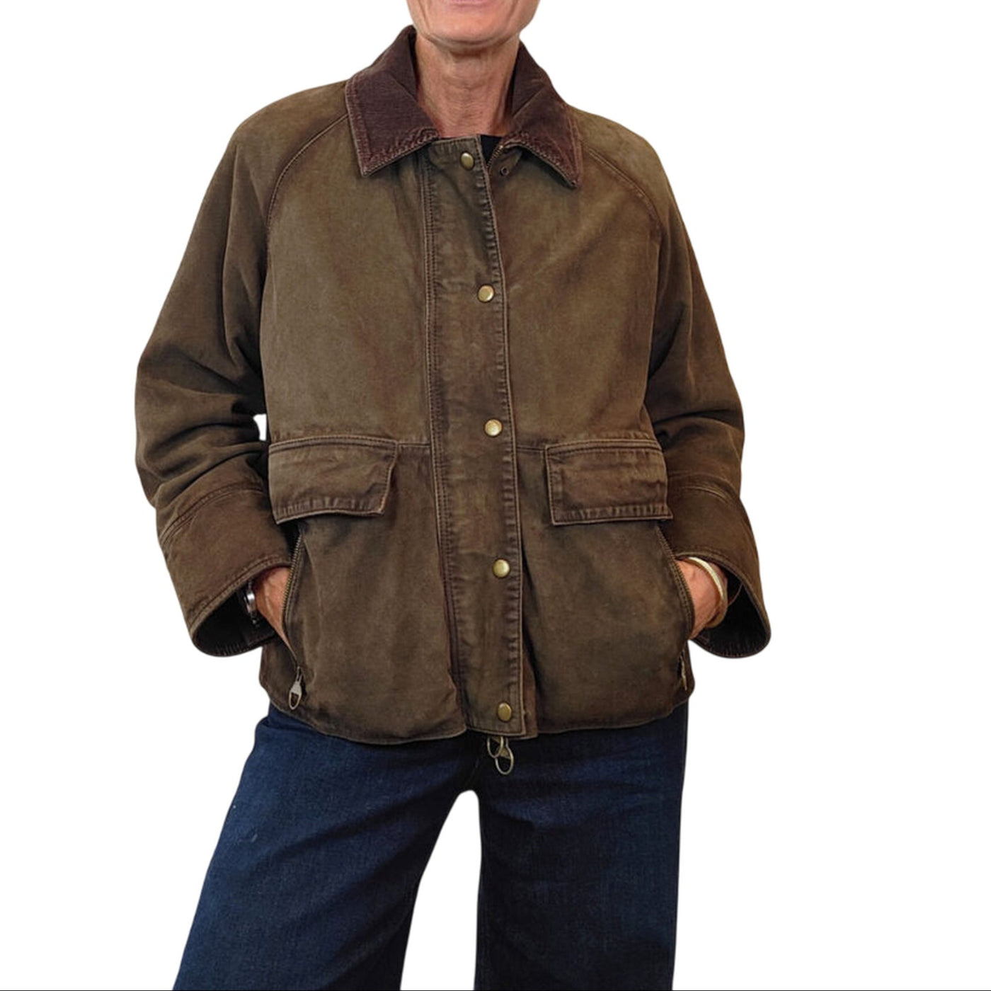 Giubbino Donna dall'effetto scamosciato, con colletto a costine e pettorina 