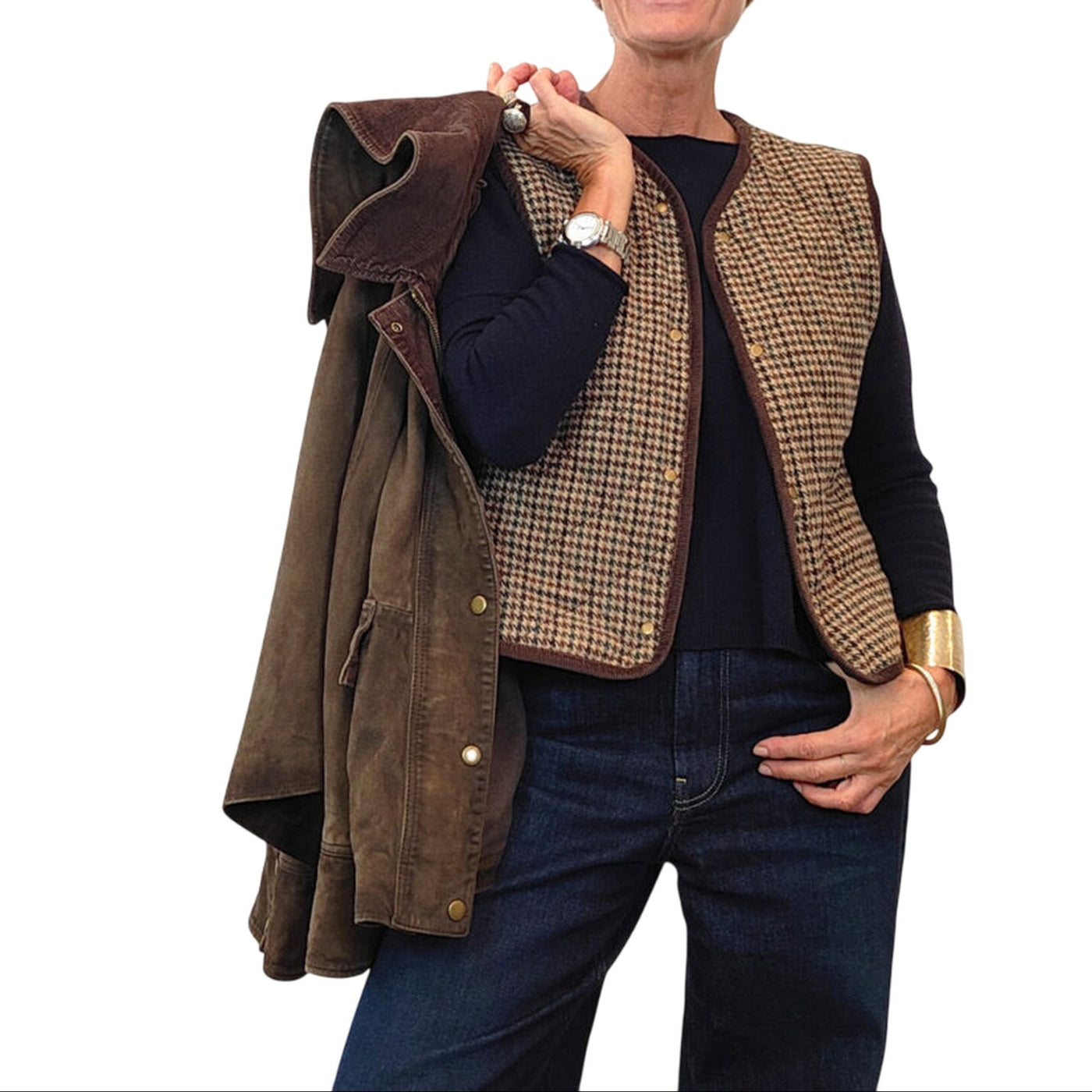 Giubbino Donna dall'effetto scamosciato, con colletto a costine e pettorina 