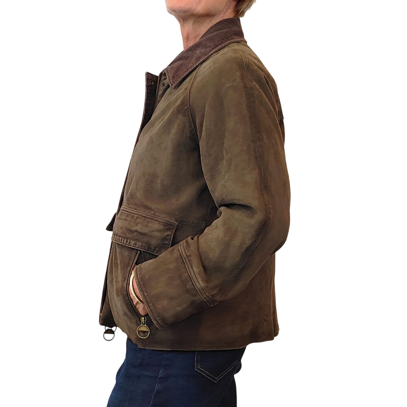 Giubbino Donna dall'effetto scamosciato, con colletto a costine e pettorina 