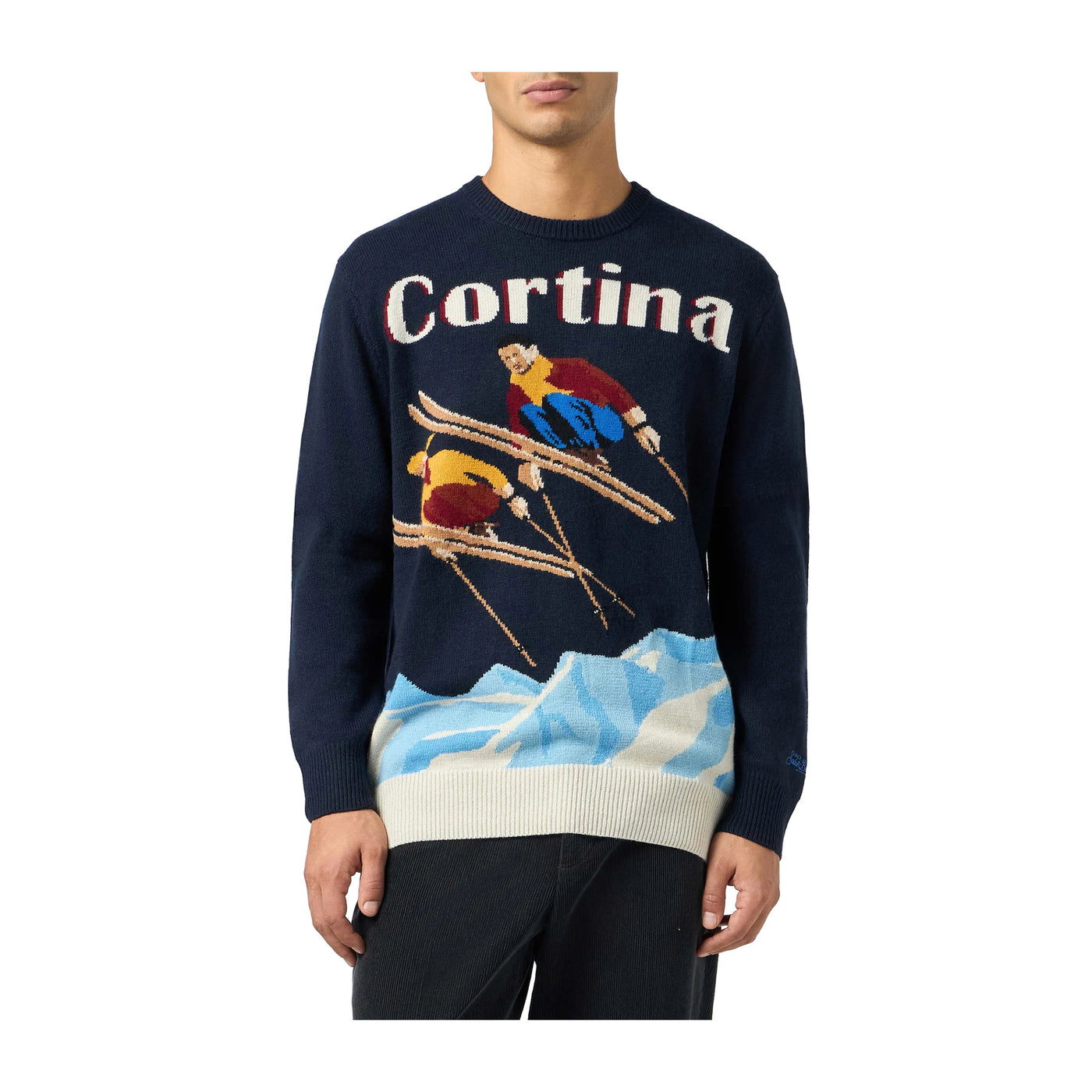 Maglione Uomo Heron Blu con stampa Cortina odello frontale