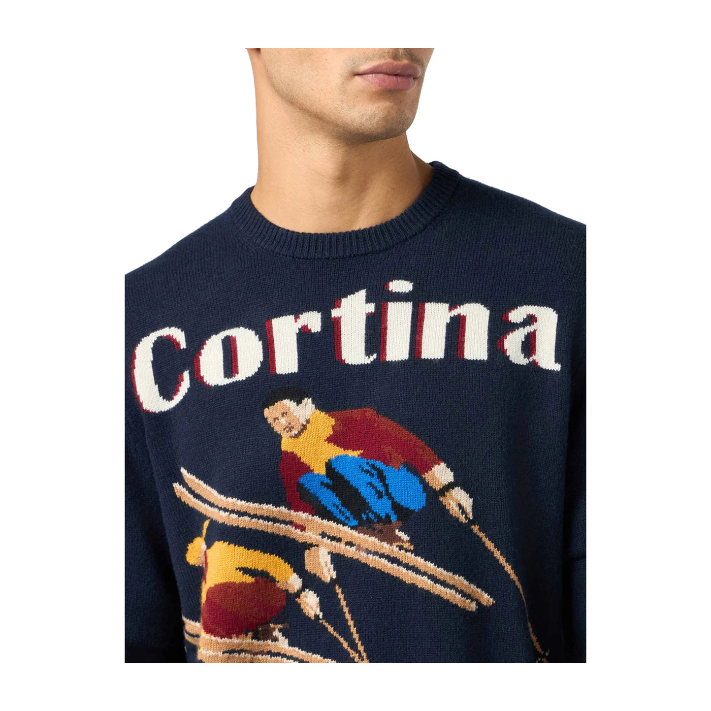 Maglione Uomo Heron Blu con stampa Cortina dettaglio ravvicinato frontale