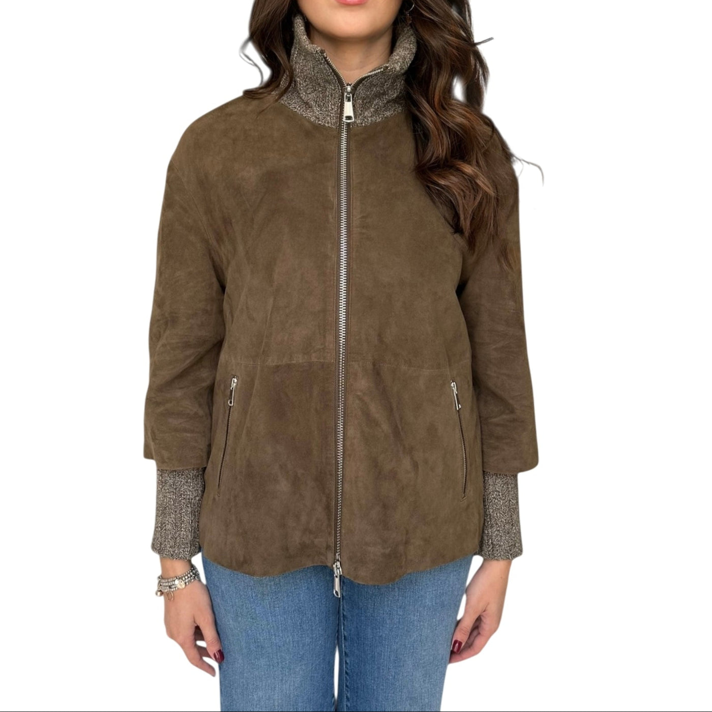 Giubbino Donna dall'effetto scamosciato, con full zip e collo in maglia a coste