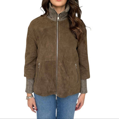 Giubbino Donna dall'effetto scamosciato, con full zip e collo in maglia a coste