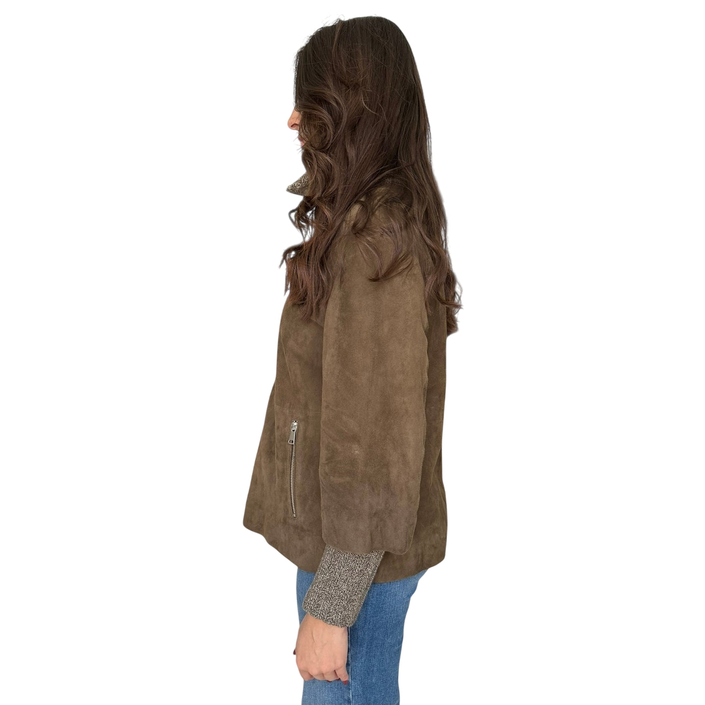 Giubbino Donna dall'effetto scamosciato, con full zip e collo in maglia a coste