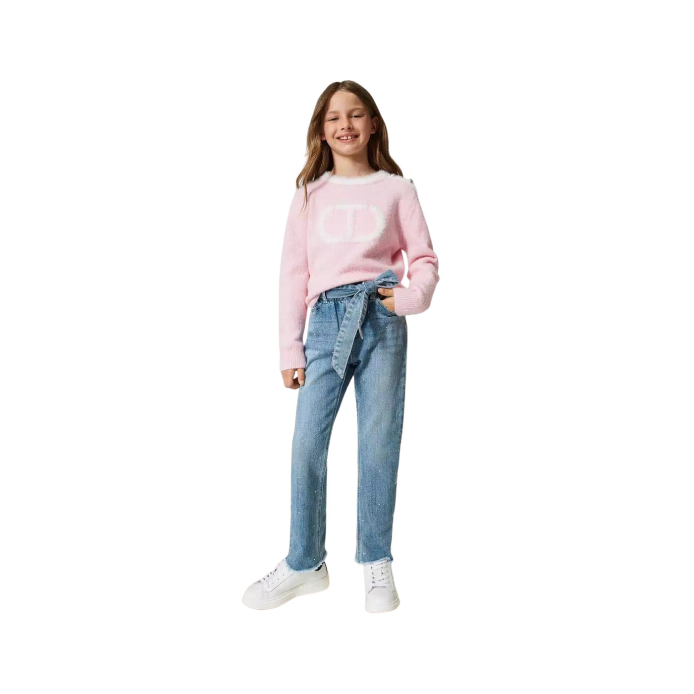 Jeans da bambina denim firmato Twinset vista frontale su modella