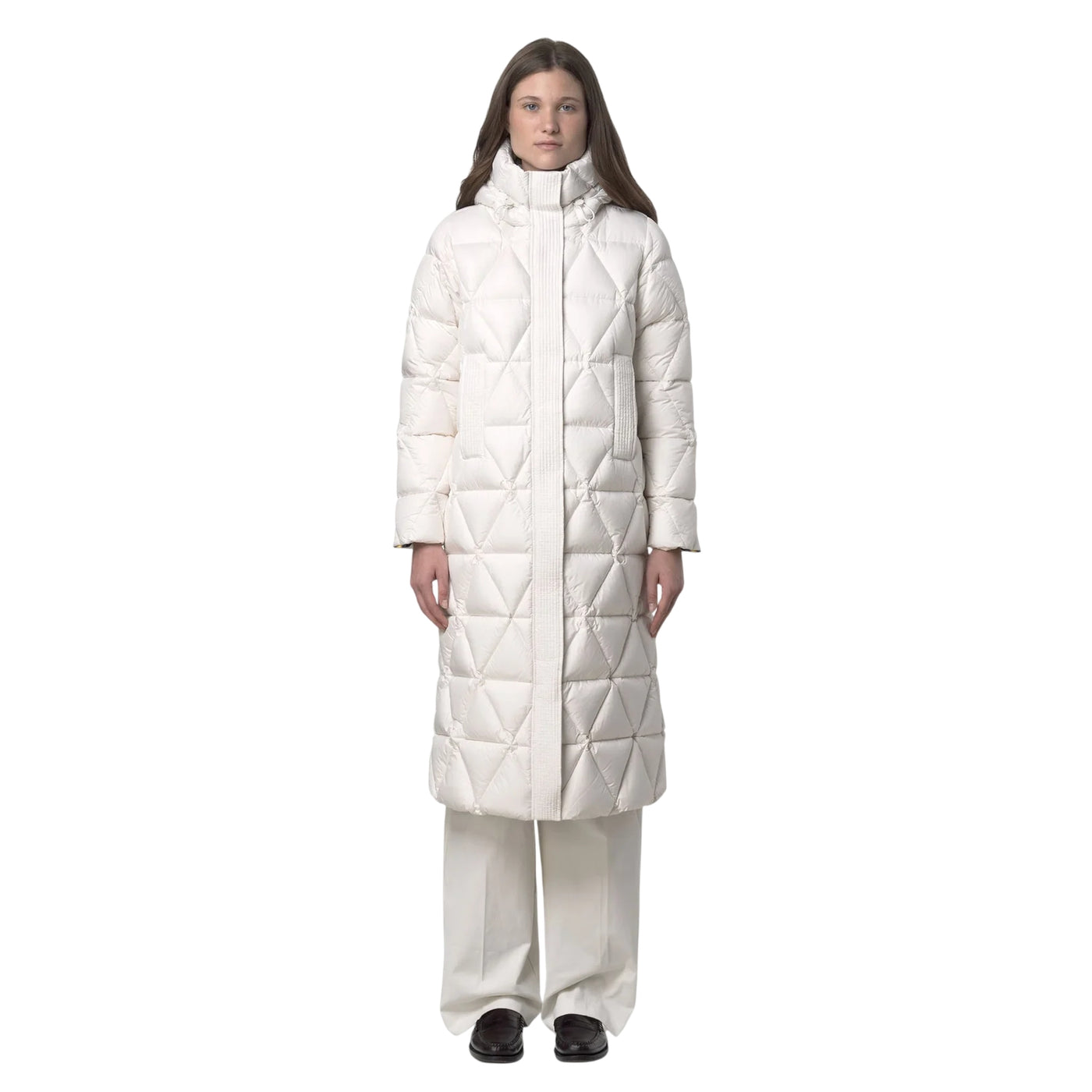 Piumino lungo Donna Bianco a rombi modella frontale