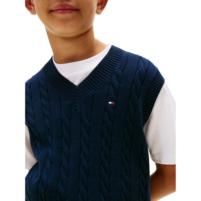 Gilet Bambino in maglia intrecciata con logo Navy modello frontale ravvicinato
