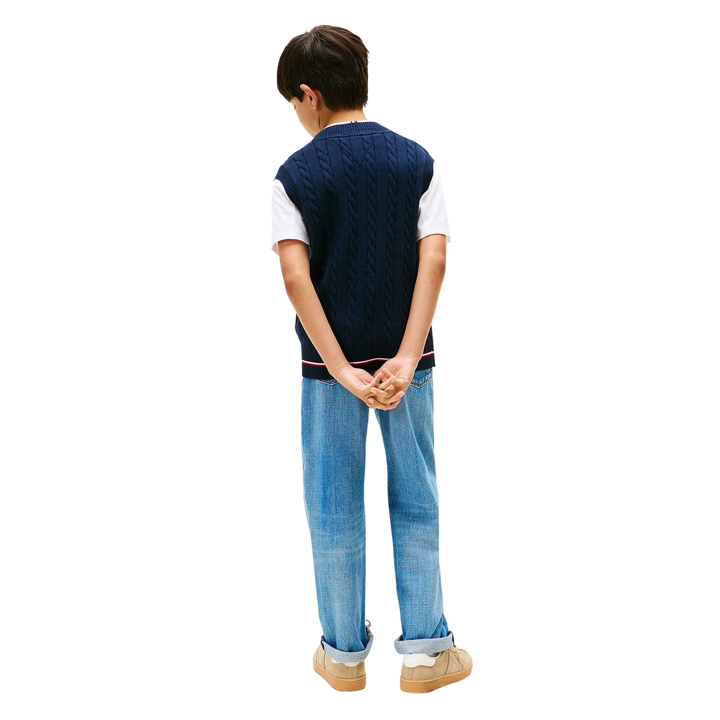 Gilet Bambino in maglia intrecciata con logo Navy modello intero retro