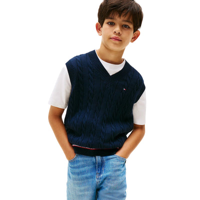Gilet Bambino in maglia intrecciata con logo Navy modello frontale