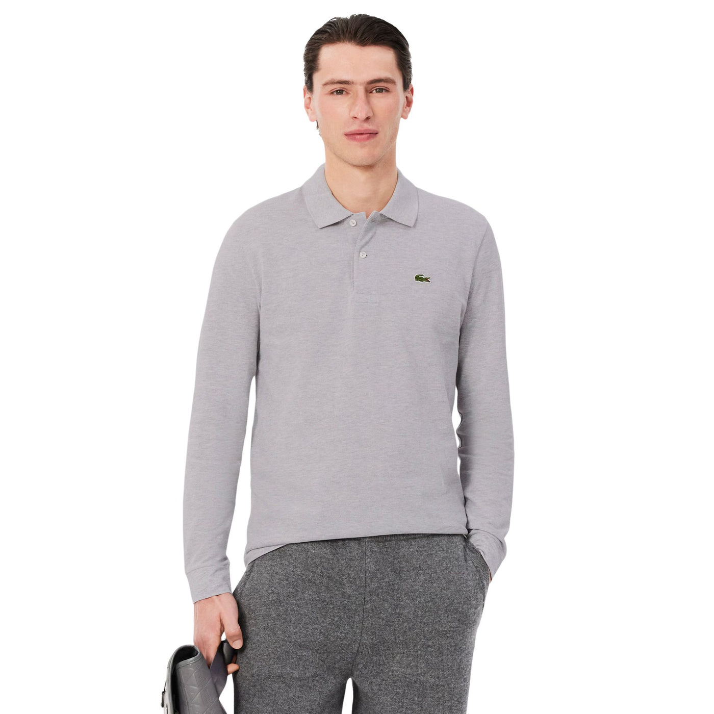 Polo Uomo taglio classico a maniche lunghe Grigio modello frontale