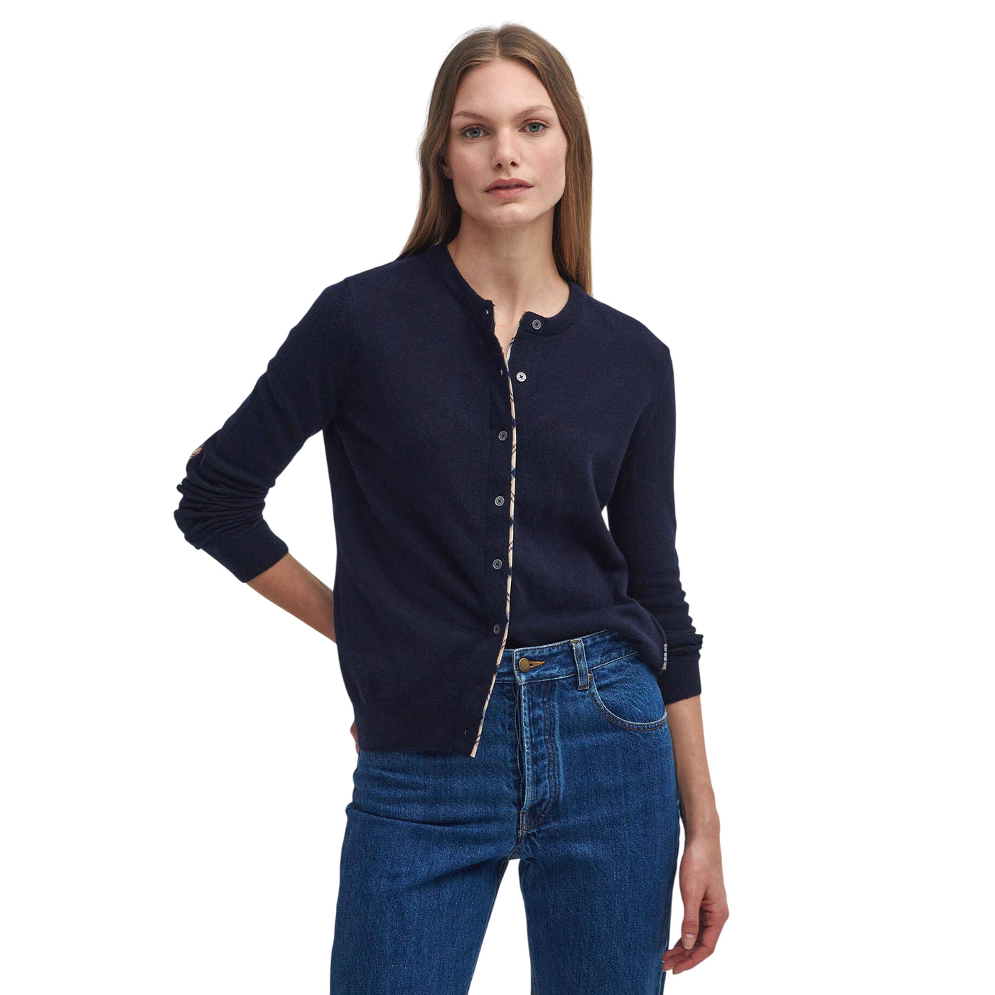 Cardigan Donna Blu, a girocollo, con dettagli motivo tartan 