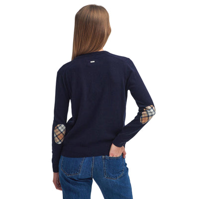 Cardigan Donna Blu, a girocollo, con dettagli motivo tartan 