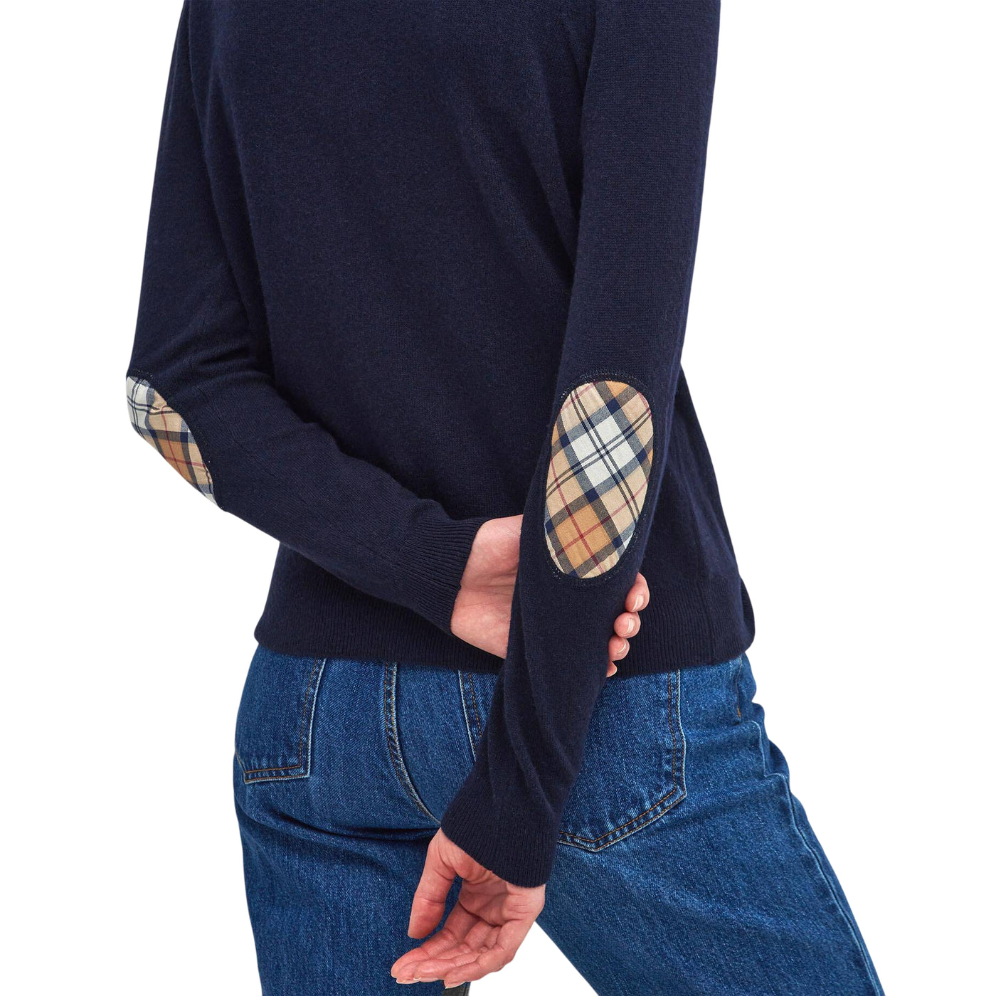 Cardigan Donna Blu, a girocollo, con dettagli motivo tartan 