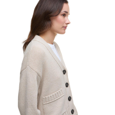 Cardigan Donna Faye con scollo a V e bottoni logati modella laterale