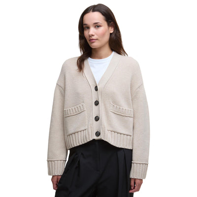 Cardigan Donna Faye con scollo a V e bottoni logati modella frontale