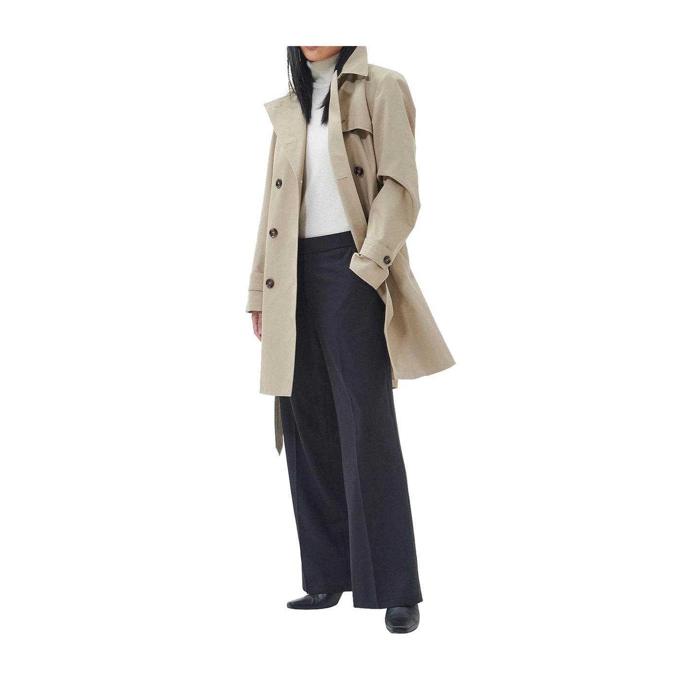 Trench Donna Beige, di media lunghezza, con chiusura doppiopetto 