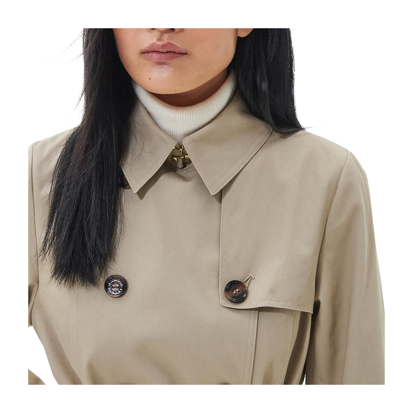 Trench Donna Beige, di media lunghezza, con chiusura doppiopetto 