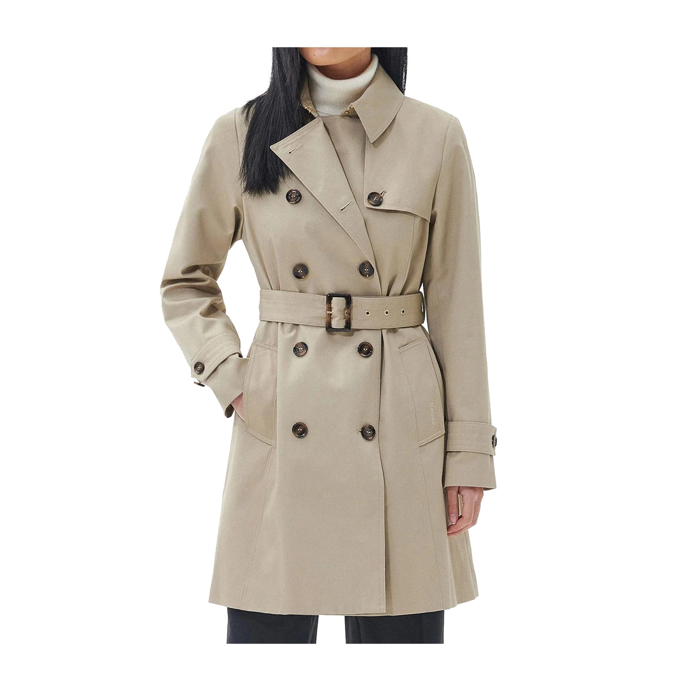 Trench Donna Beige, di media lunghezza, con chiusura doppiopetto 