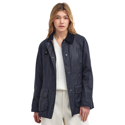 Giacca cerata Donna Beadnell con fodera tartan modella frontale
