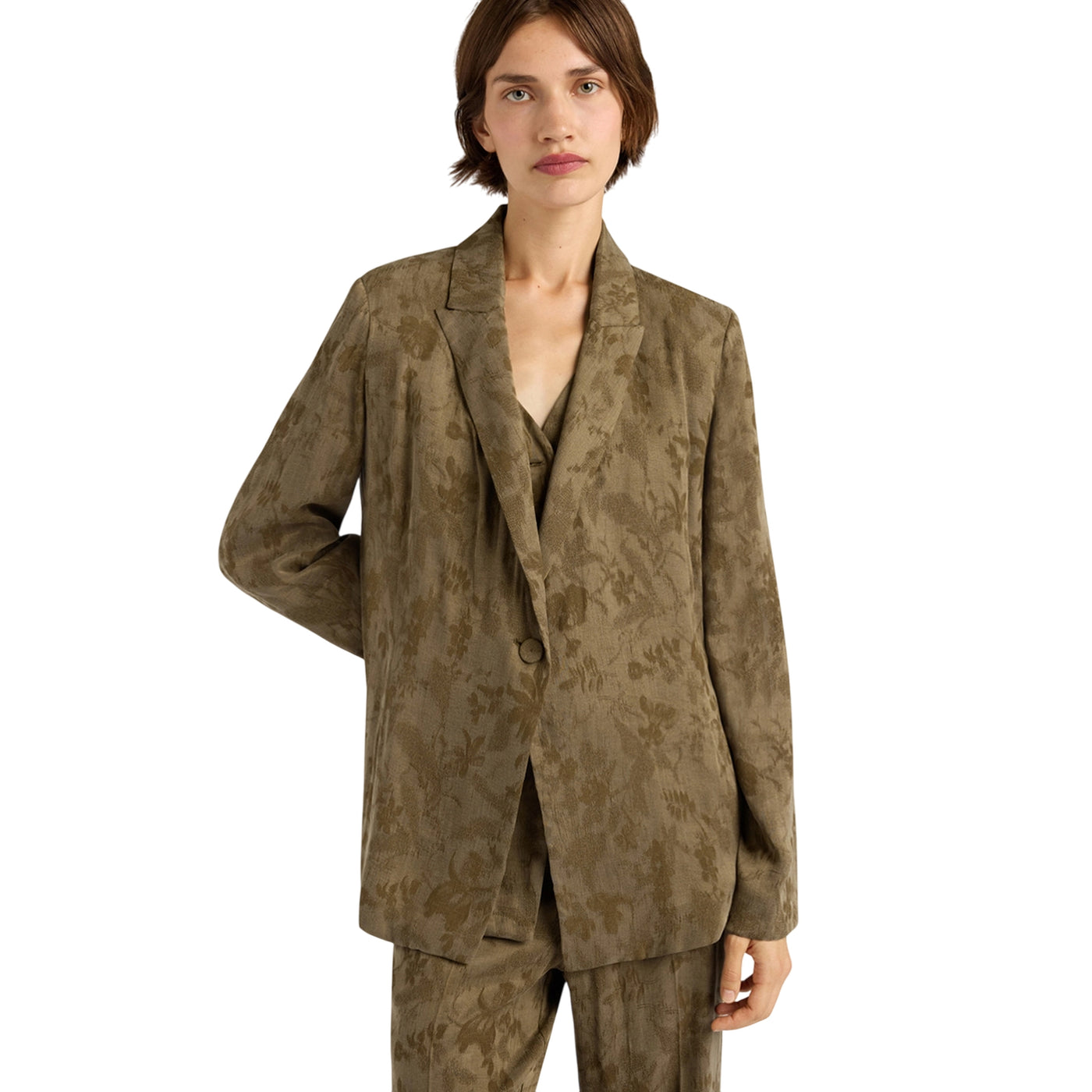 Giacca Donna monopetto jacquard Verde militare modella frontale
