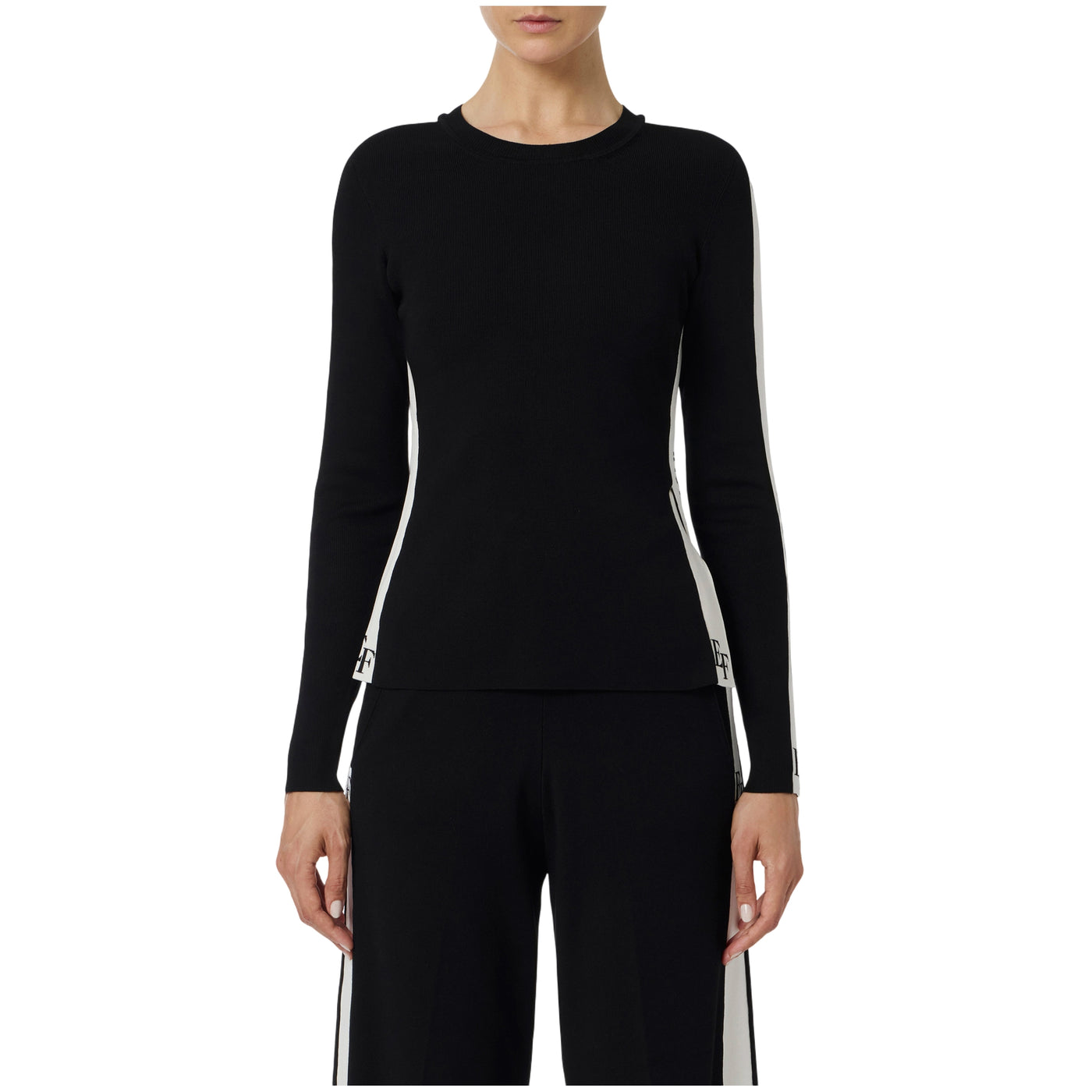 Maglia Donna in viscosa con bande lucide modella frontale