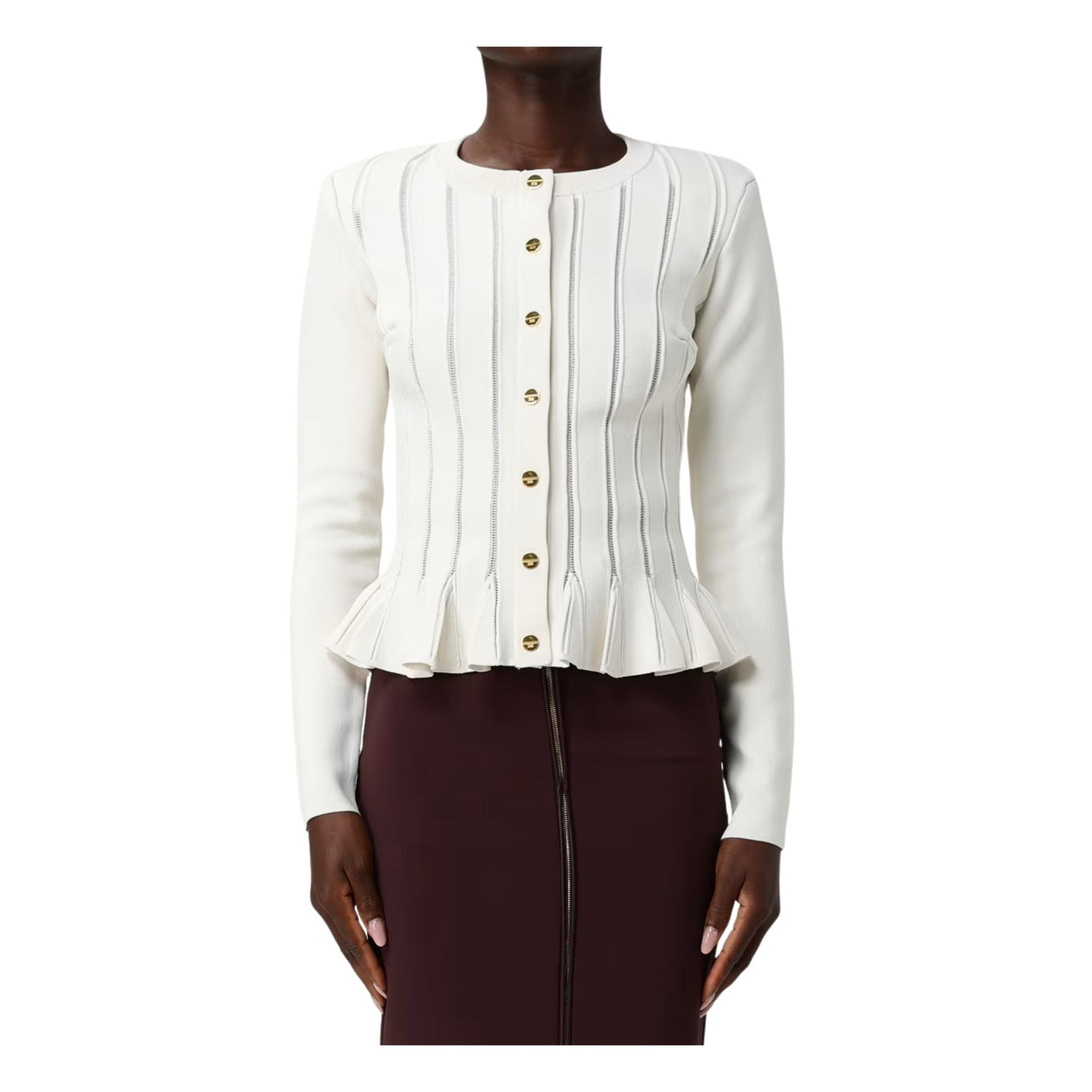 Cardigan Donna con bottoni in metallo dorato e ricami à jour