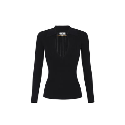 Maglia Donna a costine nera con gioiello